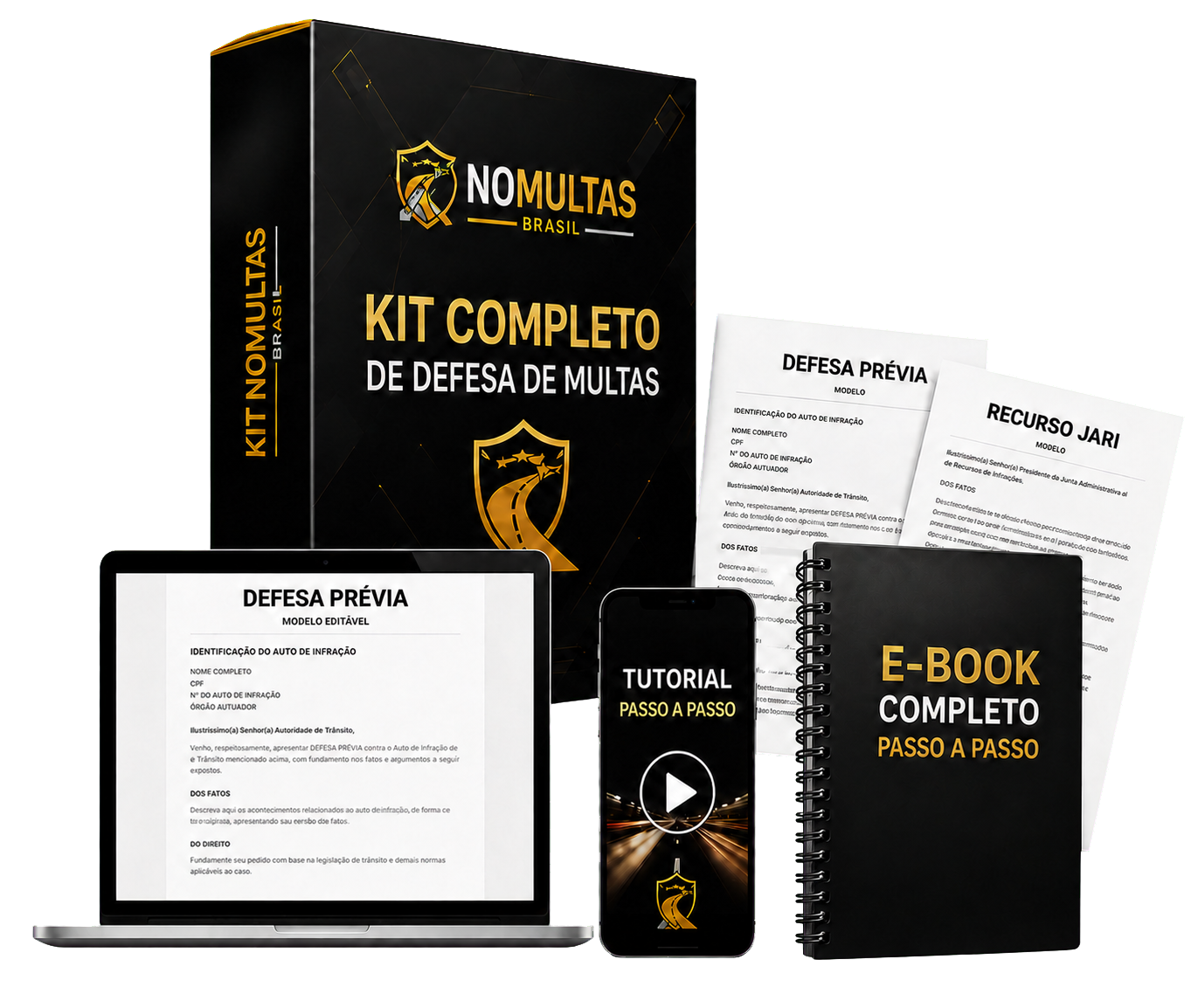 Kit Completo NOMultas com e-book, notebook, celular e modelos de defesa